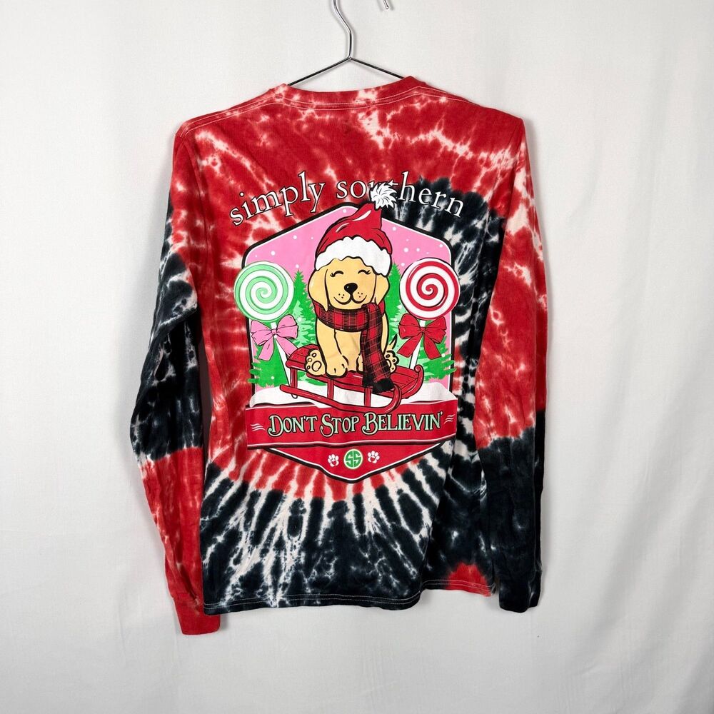 Simply Southern Tie Dry Christmas Puppy Long Sleeve T Shirt Adult Small